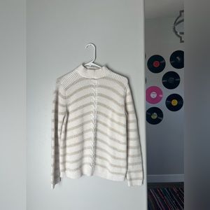 Talbots Cream and Gold Shimmer Striped Mock Neck Cable Knit Sweater